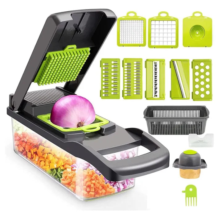 Vegetable Chopper Slicer 14 in 1 – Multifunctional Onion Chopper, Veggie Cutter & Dicer with 8 Blades, Colander Basket & Container