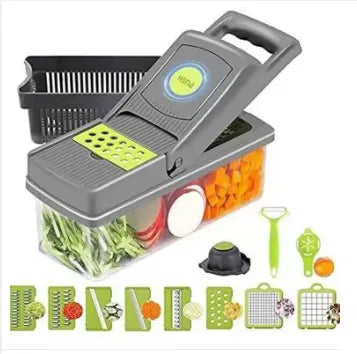 Vegetable Chopper Slicer 14 in 1 – Multifunctional Onion Chopper, Veggie Cutter & Dicer with 8 Blades, Colander Basket & Container