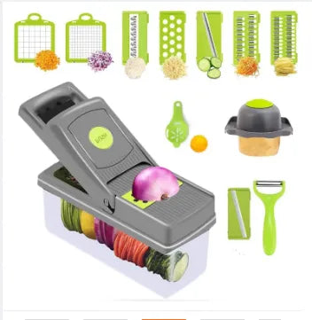 Vegetable Chopper Slicer 14 in 1 – Multifunctional Onion Chopper, Veggie Cutter & Dicer with 8 Blades, Colander Basket & Container