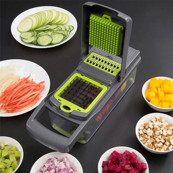 Vegetable Chopper Slicer 14 in 1 – Multifunctional Onion Chopper, Veggie Cutter & Dicer with 8 Blades, Colander Basket & Container