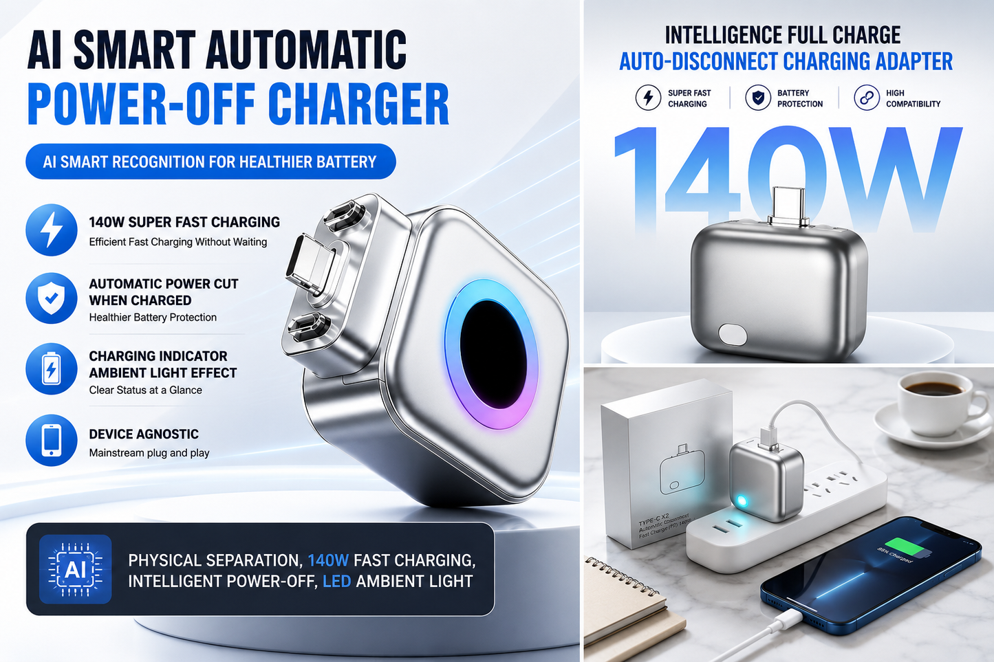 140W Intelligent Fast Charging Adapter - Auto-Disconnect USB-C Wall Charger