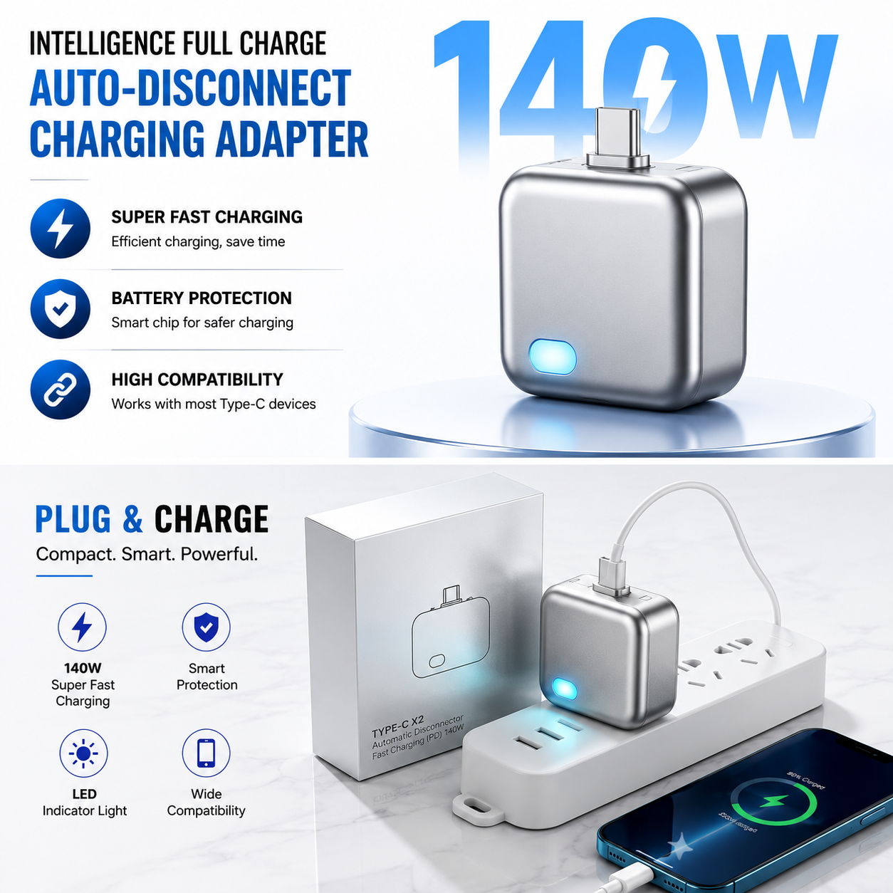140W Intelligent Fast Charging Adapter - Auto-Disconnect USB-C Wall Charger
