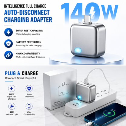 140W Intelligent Fast Charging Adapter - Auto-Disconnect USB-C Wall Charger