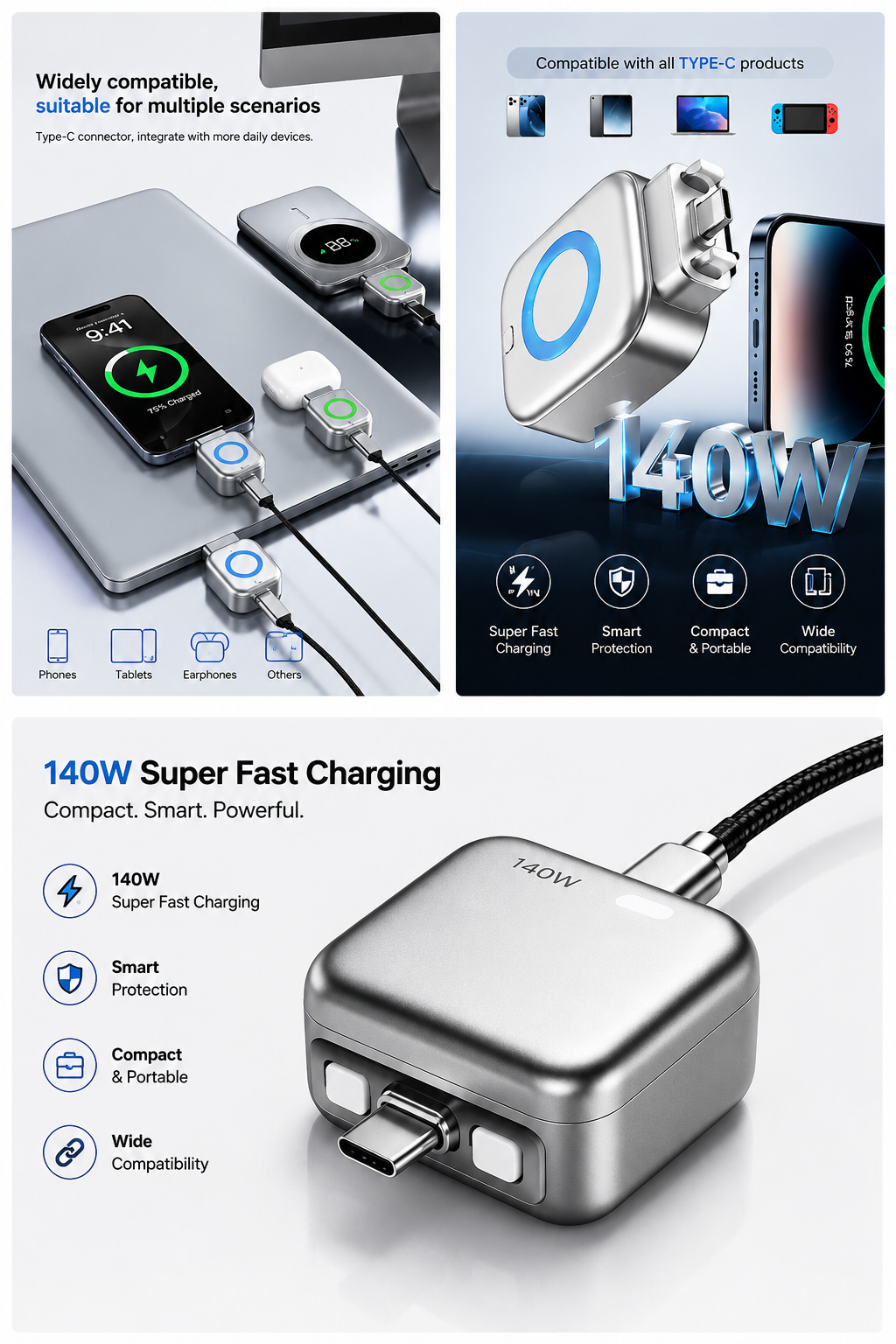 140W Intelligent Fast Charging Adapter - Auto-Disconnect USB-C Wall Charger