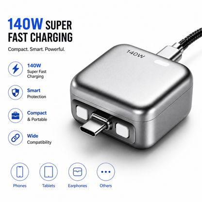 140W Intelligent Fast Charging Adapter - Auto-Disconnect USB-C Wall Charger
