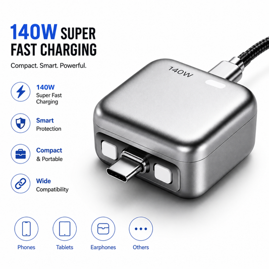 140W Intelligent Fast Charging Adapter - Auto-Disconnect USB-C Wall Charger