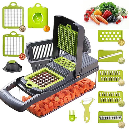 Vegetable Chopper Slicer 14 in 1 – Multifunctional Onion Chopper, Veggie Cutter & Dicer with 8 Blades, Colander Basket & Container