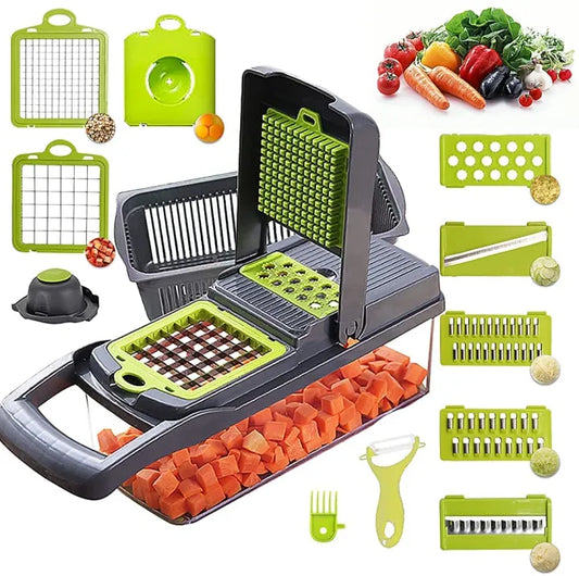 Vegetable Chopper Slicer 14 in 1 – Multifunctional Onion Chopper, Veggie Cutter & Dicer with 8 Blades, Colander Basket & Container
