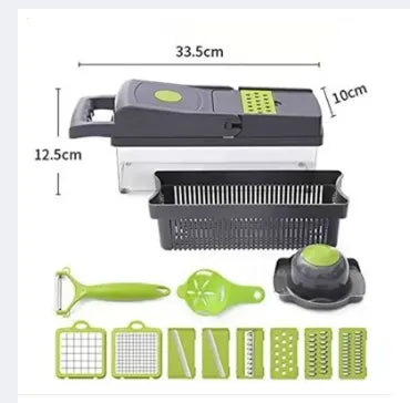 Vegetable Chopper Slicer 14 in 1 – Multifunctional Onion Chopper, Veggie Cutter & Dicer with 8 Blades, Colander Basket & Container