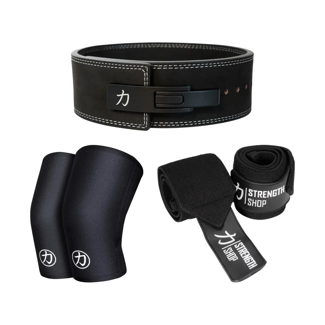 Strength Stack - Black - 13mm Lever Belt, 7mm Inferno Knee Sleeves & Zeus Wrist Wraps