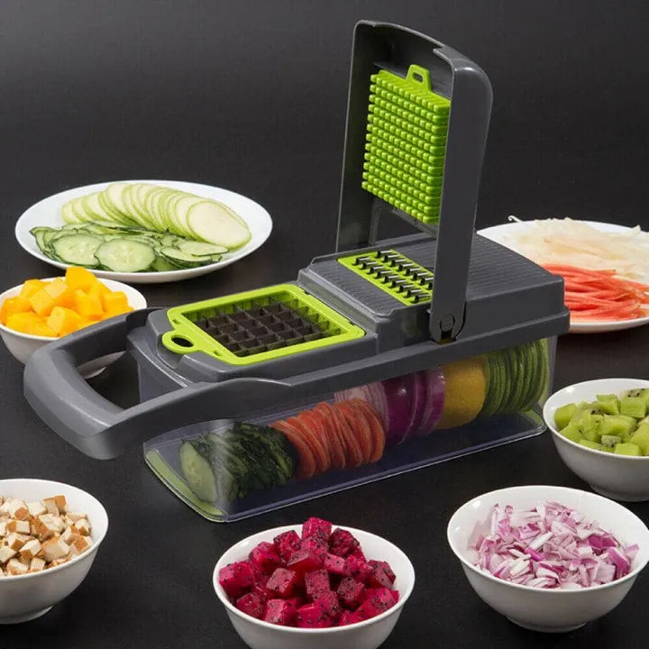 Vegetable Chopper Slicer 14 in 1 – Multifunctional Onion Chopper, Veggie Cutter & Dicer with 8 Blades, Colander Basket & Container